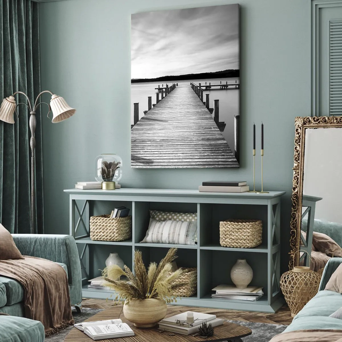 Cuadro sobre lienzo - Impresión de Imagen - Un embarcadero blanco y negro en un lago tranquilo. - 50x70cm - En el lago de la paz - Decoración de pared moderna para salón y dormitorio ARTTOR