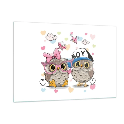 Cuadro sobre vidrio - Impresiones sobre Vidrio - Un par de alegres búhos en una composición pastel. - 120x80cm - El amor - Decoración de pared moderna para salón y dormitorio ARTTOR