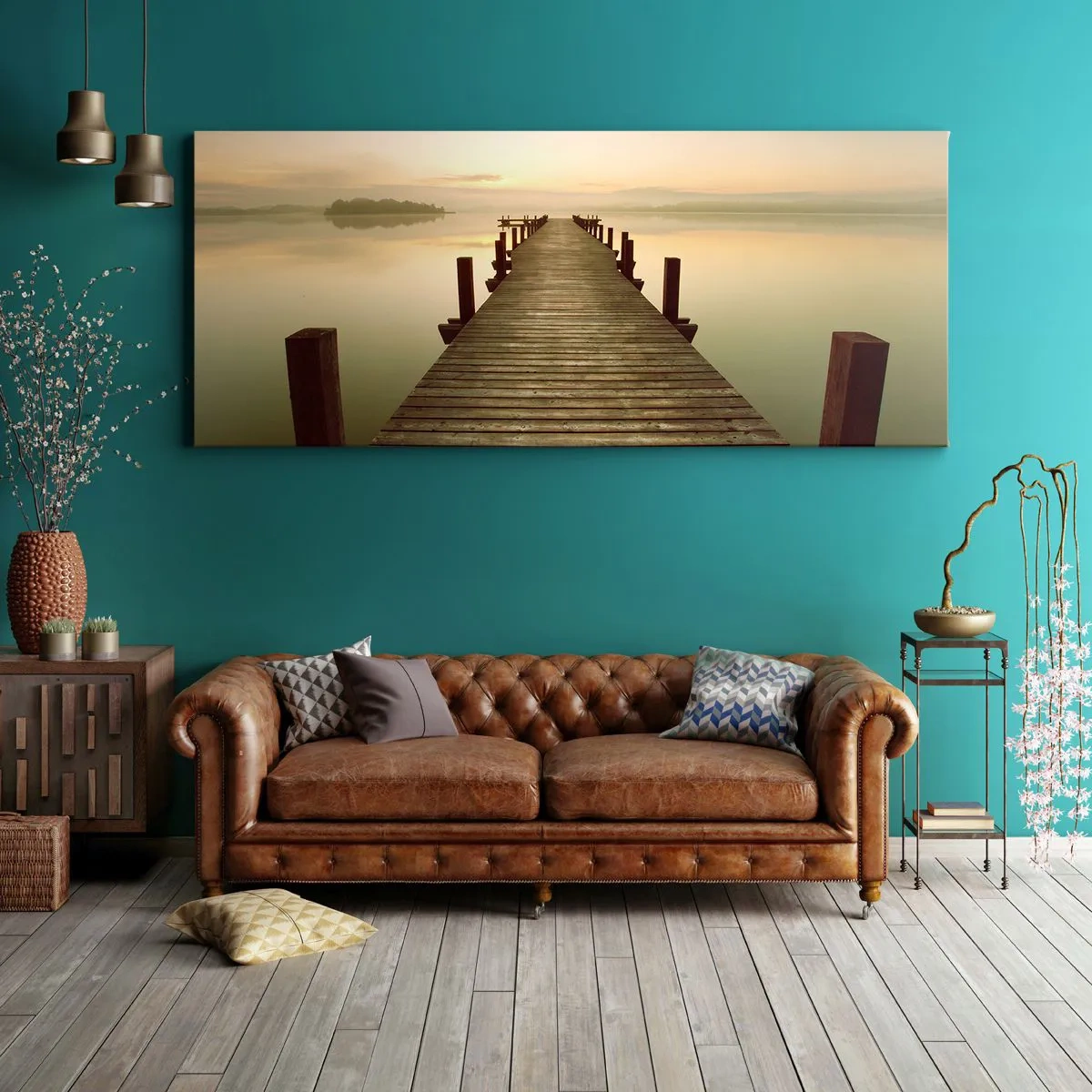 Cuadro sobre lienzo - Impresión de Imagen - Un embarcadero de madera en un lago tranquilo por la mañana. - 160x50cm - Antes del amanecer, al amanecer, la luz - Decoración de pared moderna para salón y dormitorio ARTTOR