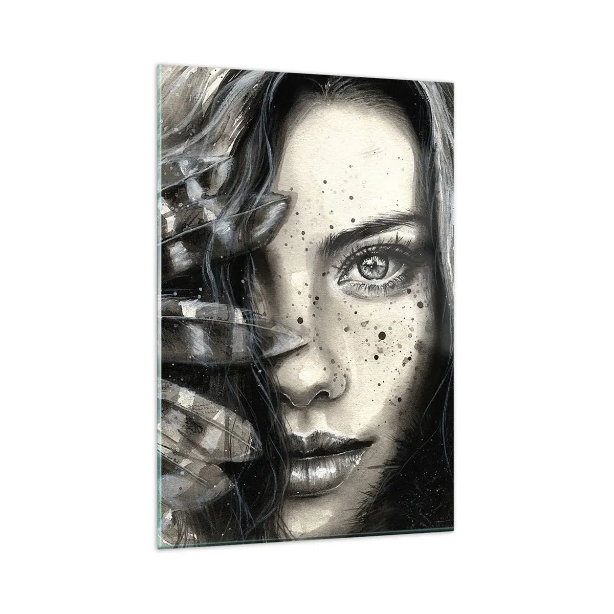 Cuadro sobre vidrio - Impresiones sobre Vidrio - Retrato artístico de una mujer con detalles abstractos. - 80x120cm - Belleza salvaje - Decoración de pared moderna para salón y dormitorio ARTTOR