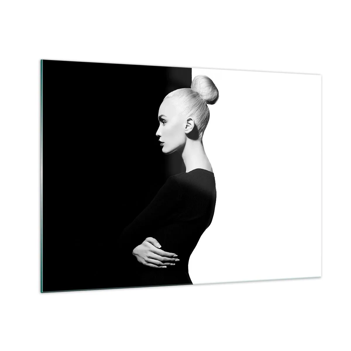 Cuadro sobre vidrio - Impresiones sobre Vidrio - Retrato en blanco y negro de una mujer con un elegante moño. - 100x70cm - Simplemente femenina - Decoración de pared moderna para salón y dormitorio ARTTOR