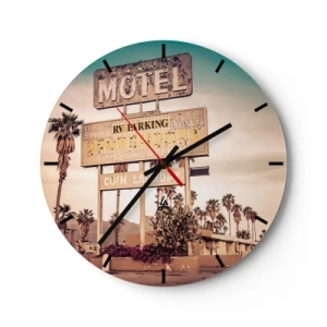 Reloj de pared - Reloj de vidrio - Letrero de motel retro con palmeras al fondo en una carretera del desierto - 30x30cm - El tiempo se detuvo - Decoración de pared moderna para salón, cocina y dormitorio ARTTOR