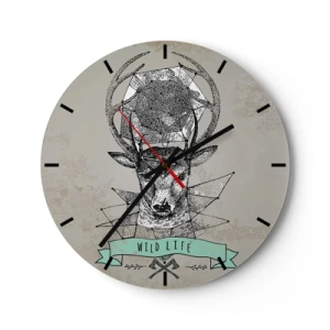 Reloj de pared - Reloj de vidrio - Ciervo geométrico con la inscripción "Vida salvaje" sobre un fondo gris. - 30x30cm - Visión de San Huberto - Decoración de pared moderna para salón, cocina y dormitorio ARTTOR