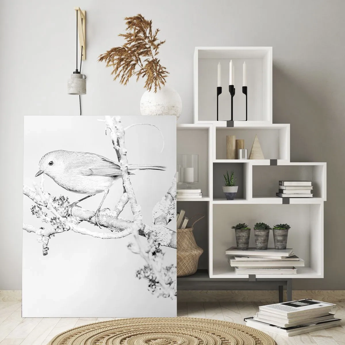 Cuadro sobre vidrio - Impresiones sobre Vidrio - Un pájaro posado en una rama en una escena invernal monocromática. - 50x70cm - Mañana de invierno - Decoración de pared moderna para salón y dormitorio ARTTOR