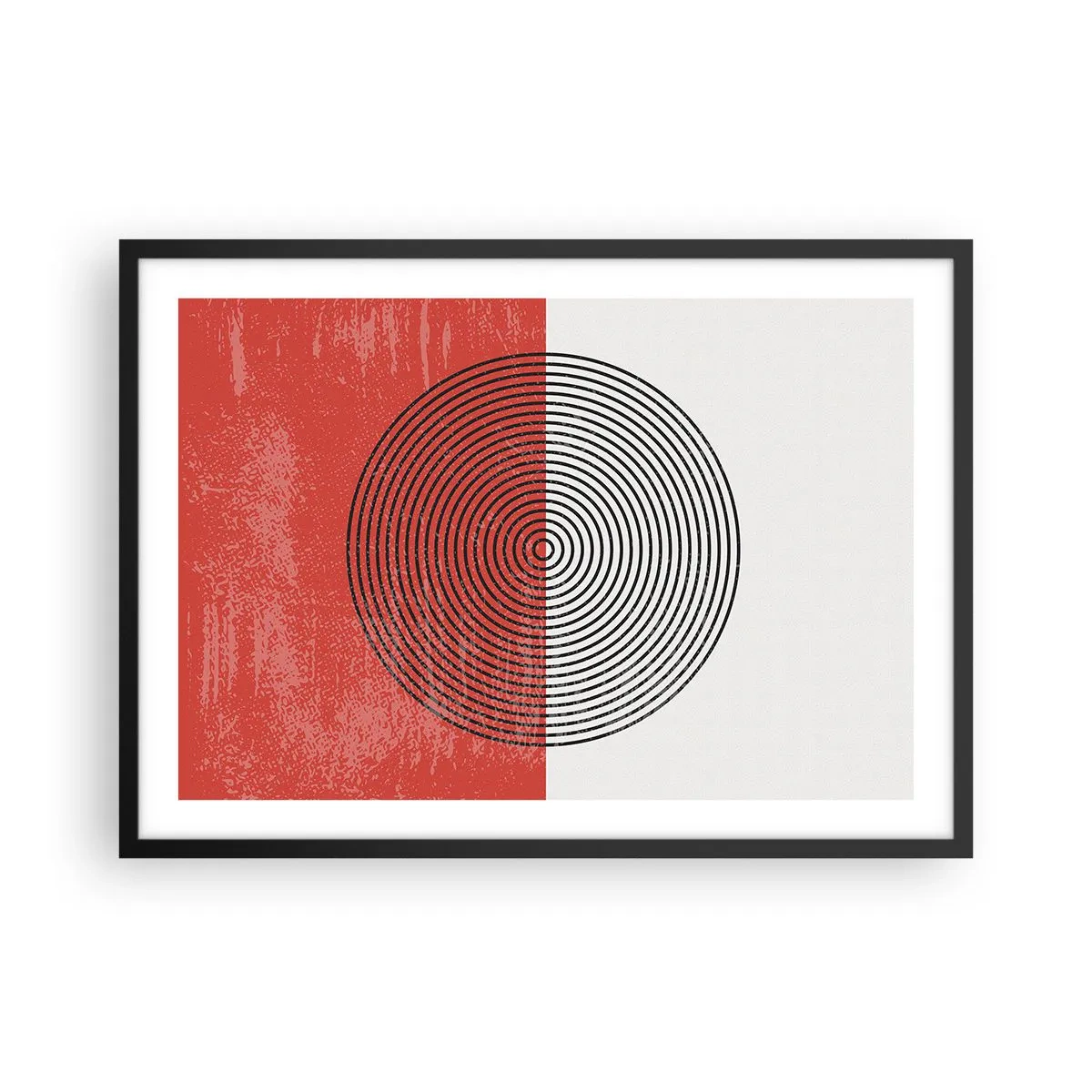 Póster en marco negro - Patrón geométrico con círculos concéntricos sobre un fondo rojo y blanco. - 70x50cm - En el corazón de la misma - Decoración de pared moderna para salón y dormitorio ARTTOR