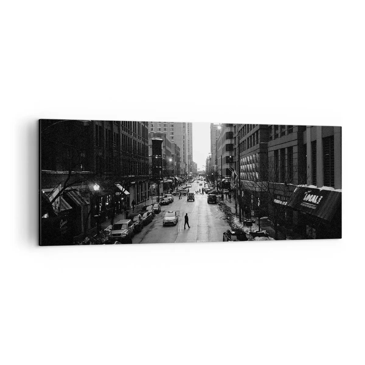 Cuadro sobre lienzo - Impresión de Imagen - Una calle en blanco y negro en el centro de la ciudad con coches y peatones. - 140x50cm - Un día como otro cualquiera - Decoración de pared moderna para salón y dormitorio ARTTOR