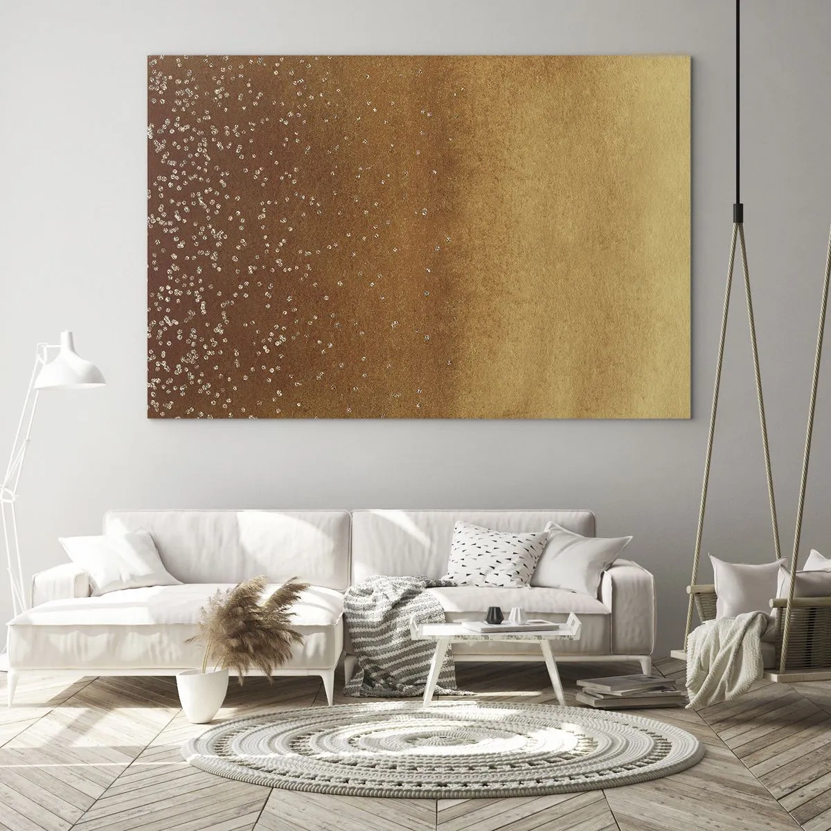 Cuadro sobre vidrio - Impresiones sobre Vidrio - Patrón abstracto dorado con finos reflejos. - 70x50cm - Nacimiento de la luz - Decoración de pared moderna para salón y dormitorio ARTTOR