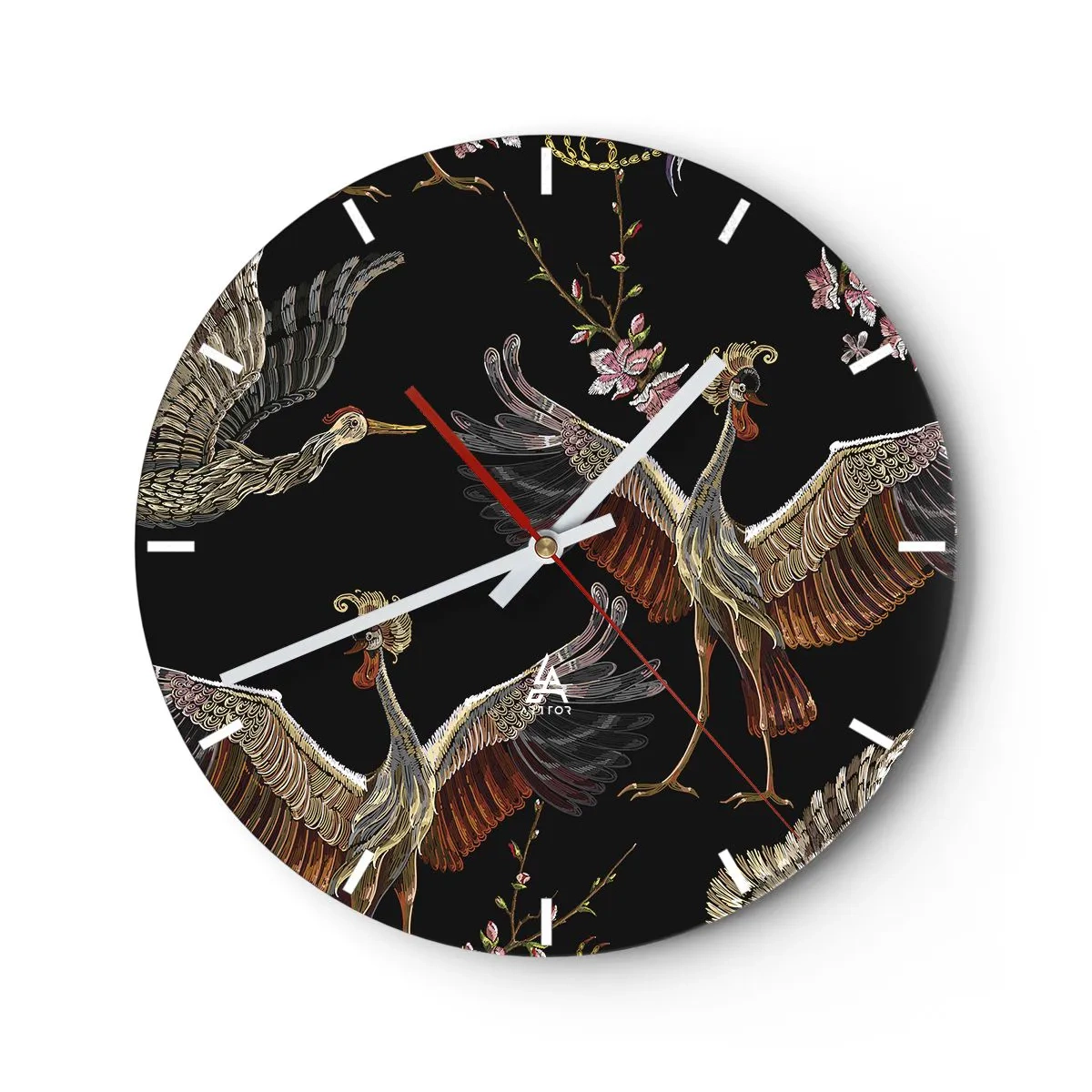 Reloj de pared - Reloj de vidrio - Pájaros ilustrativos en vuelo sobre un fondo de ramas florales y negro. - 30x30cm - Aves de cuento de hadas - Decoración de pared moderna para salón, cocina y dormitorio ARTTOR