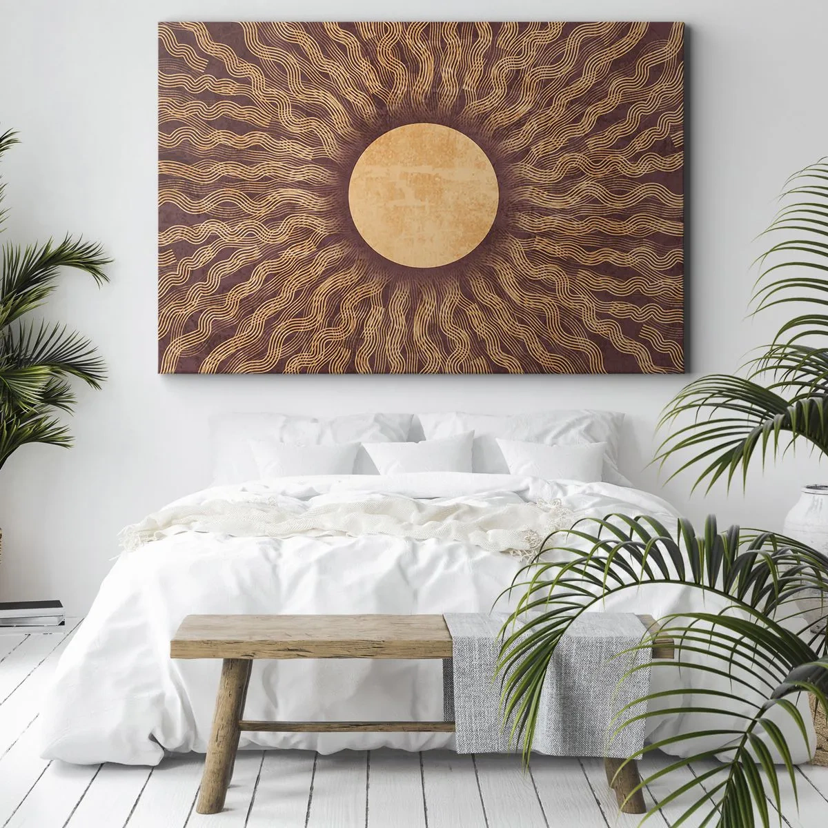 Cuadro sobre lienzo - Impresión de Imagen - Patrón soleado con rayos sobre un fondo en tonos marrones. - 70x50cm - Icono del sol - Decoración de pared moderna para salón y dormitorio ARTTOR