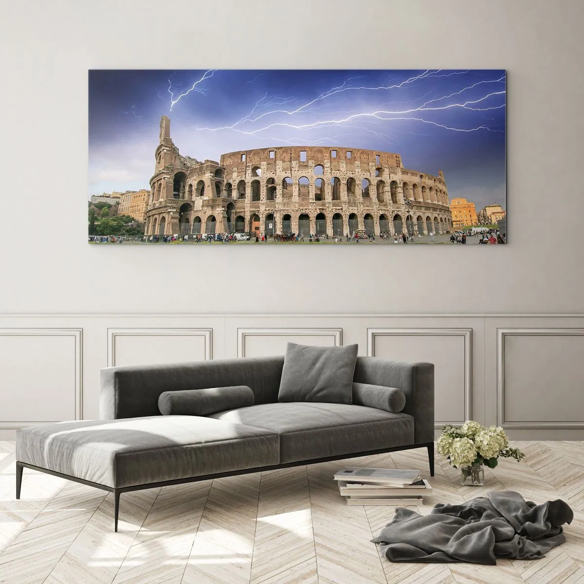 Cuadro sobre vidrio - Impresiones sobre Vidrio - El Coliseo de Roma iluminado por un rayo - 160x50cm - Arena de guerreros - Decoración de pared moderna para salón y dormitorio ARTTOR