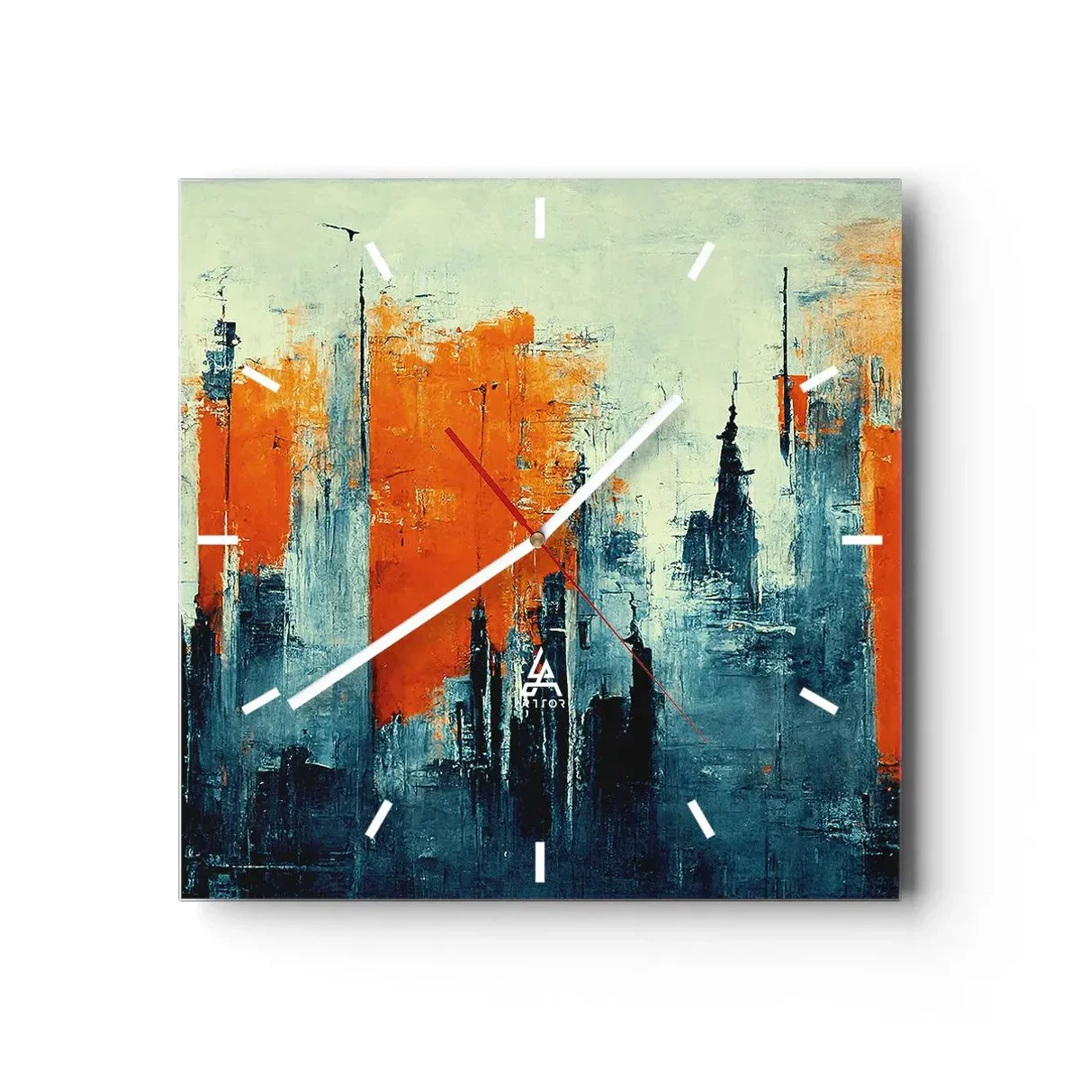 Reloj de pared - Reloj de vidrio - Paisaje urbano abstracto en tonos naranja y azul. - 30x30cm - Paisaje moderno - Decoración de pared moderna para salón y dormitorio ARTTOR