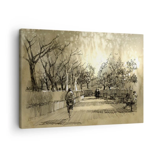 Cuadro sobre lienzo - Impresión de Imagen - Una escena de dibujos animados de un parque con gente caminando en tonos cálidos. - 70x50cm - Un momento hecho a pluma - Decoración de pared moderna para salón y dormitorio ARTTOR