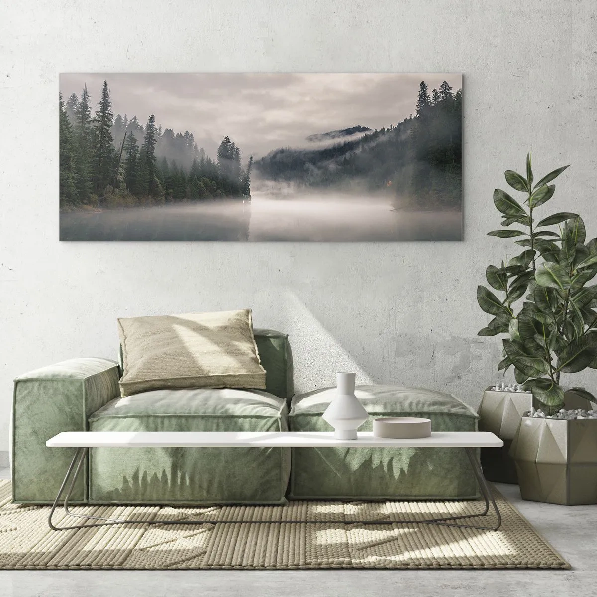 Cuadro sobre vidrio - Impresiones sobre Vidrio - Un bosque brumoso reflejado en un lago tranquilo. - 160x50cm - En el ensueño, en la niebla - Decoración de pared moderna para salón y dormitorio ARTTOR