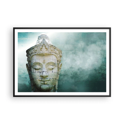 Póster en marco negro - Estatua de Buda con una suave niebla sobre un fondo verde. - 100x70cm - Buscando la luz - Decoración de pared moderna para salón y dormitorio ARTTOR