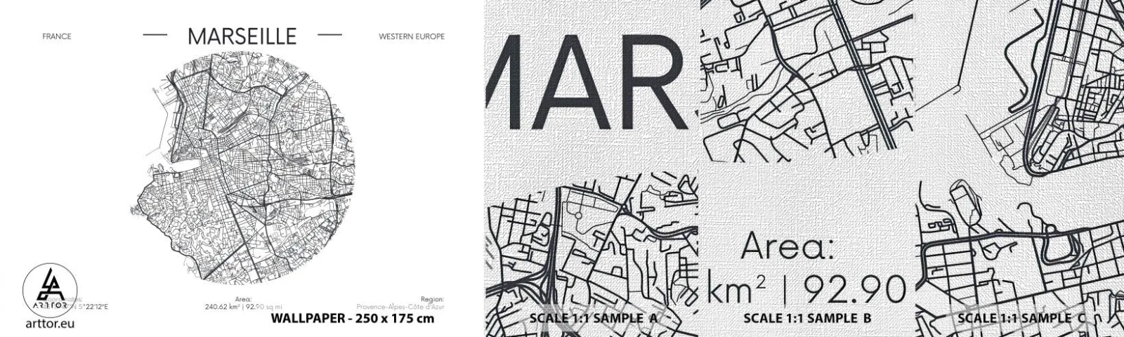 Muestra de fotomural Premium Canvas - Anatomía de Marsella - Mapa, Marsella, Francia - 100x30 cm
