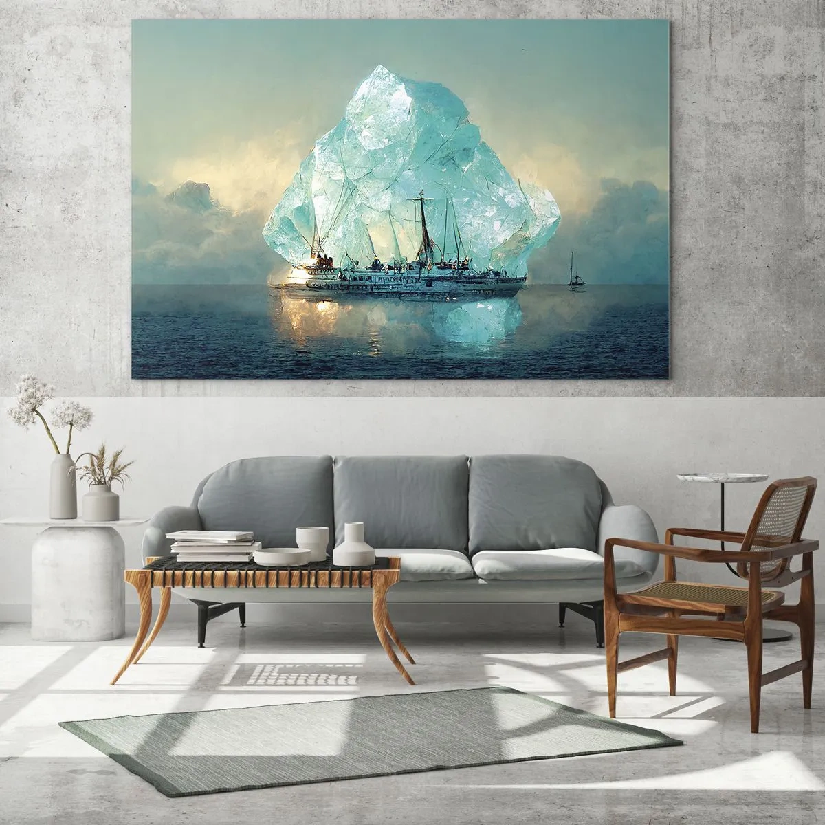 Cuadro sobre vidrio - Impresiones sobre Vidrio - Un velero frente a un enorme glaciar en la luz del Ártico. - 70x50cm - Diamante ártico - Decoración de pared moderna para salón y dormitorio ARTTOR