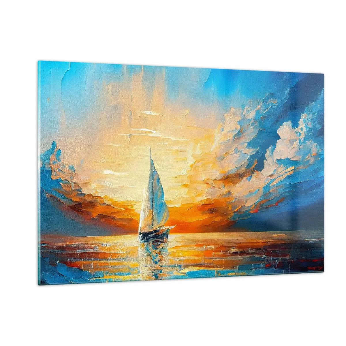 Cuadro sobre vidrio - Impresiones sobre Vidrio - Un velero en el mar a la luz del sol poniente. - 120x80cm - Navegando en oro - Decoración de pared moderna para salón y dormitorio ARTTOR