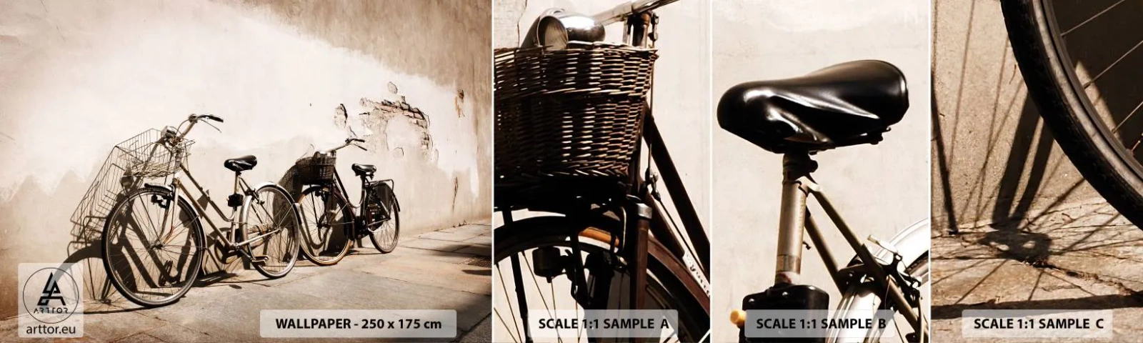 Muestra de fotomural autoadhesivo Deluxe Sticker - El inolvidable encanto del pasado - Bicicleta, Viaje, Vintage - 100x30 cm
