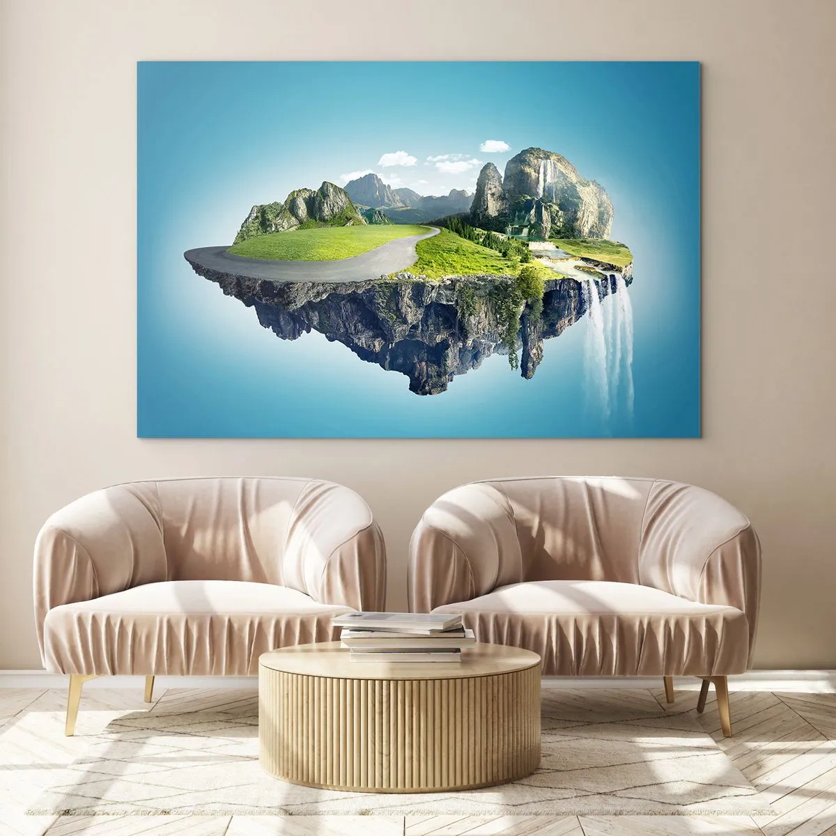 Cuadro sobre vidrio - Impresiones sobre Vidrio - Una isla flotante con montañas, una cascada y vegetación. - 70x50cm - Isla fantástica - Decoración de pared moderna para salón y dormitorio ARTTOR