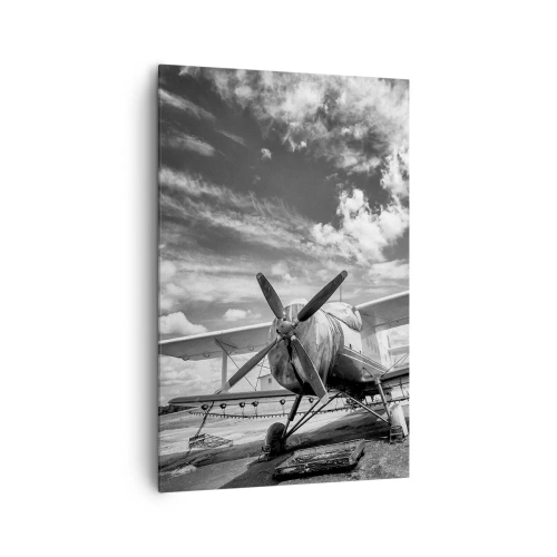 Cuadro sobre lienzo - Impresión de Imagen - Un avión antiguo en el aeropuerto en blanco y negro. - 80x120cm - No puedo esperar - Decoración de pared moderna para salón y dormitorio ARTTOR
