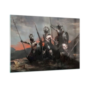 Cuadro sobre vidrio - Impresiones sobre Vidrio - Guerreros con lanzas y escudos contra el cielo rojo. - 100x70cm - Escudo con escudo - Decoración de pared moderna para salón y dormitorio ARTTOR