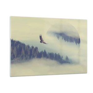 Cuadro sobre vidrio - Impresiones sobre Vidrio - Un águila en vuelo sobre un bosque envuelto en niebla con un reflejo surrealista. - 120x80cm - Vi la sombra de un águila - Decoración de pared moderna para salón y dormitorio ARTTOR