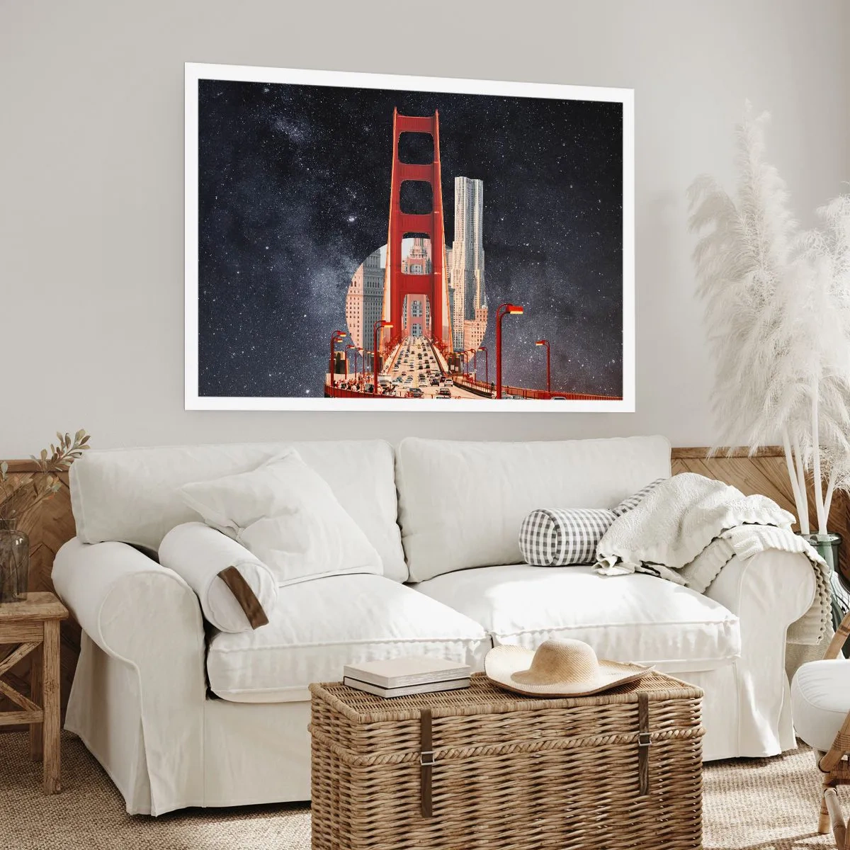 Póster - El puente Golden Gate con la ciudad al fondo contra un cielo estrellado - 100x70cm - Siempre en el centro - Decoración de pared moderna para salón y dormitorio ARTTOR