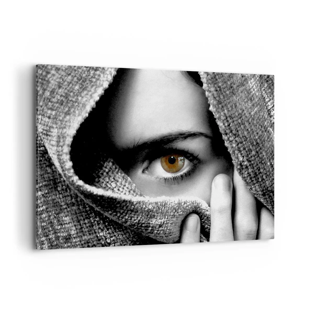 Cuadro sobre lienzo - Impresión de Imagen - Retrato de una mujer con un ojo color ámbar cubierto con una tela en tonos grises. - 100x70cm - Conoce el misterio - Decoración de pared moderna para salón y dormitorio ARTTOR