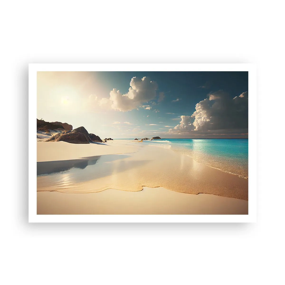 Póster - Una playa soleada con mar azul y rocas. - 100x70cm - Un día de ensueño - Decoración de pared moderna para salón y dormitorio ARTTOR