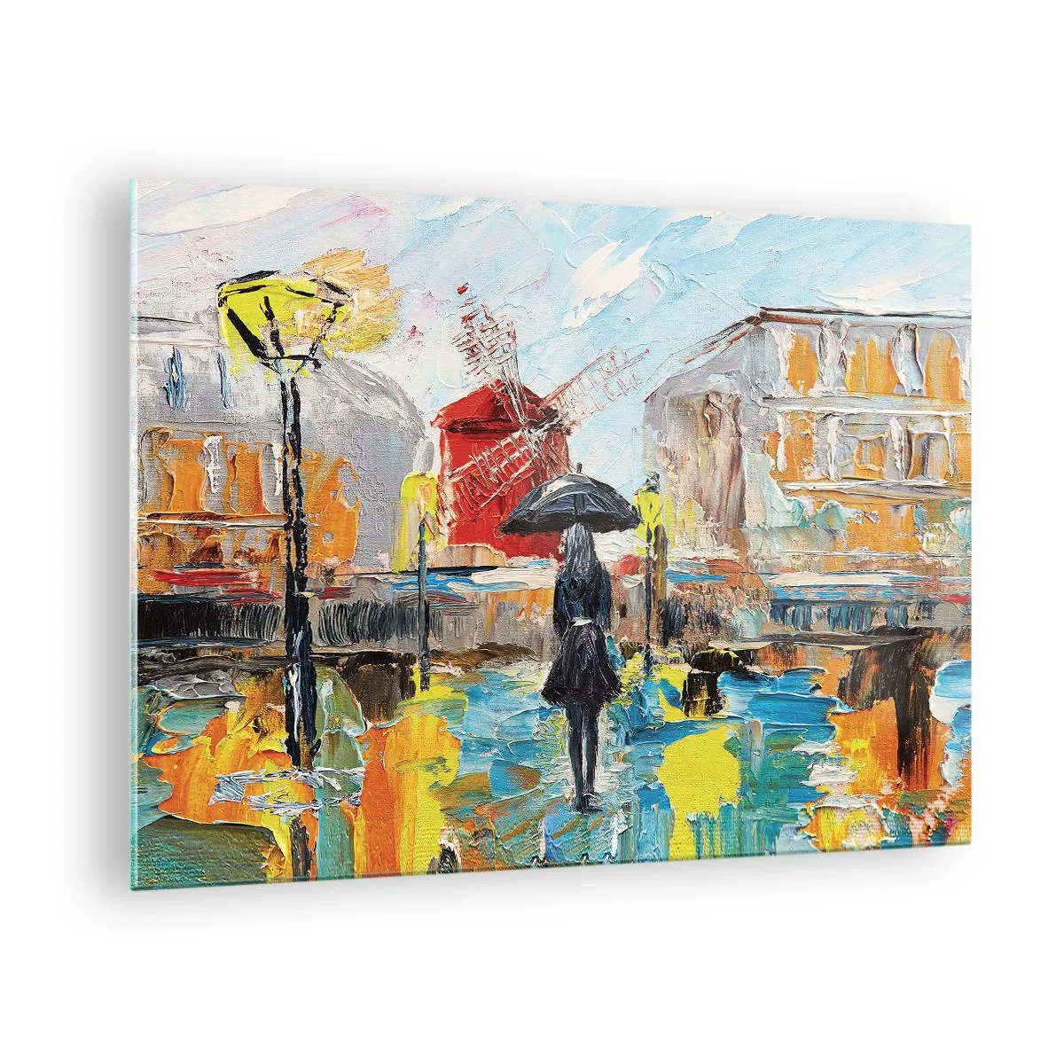 Cuadro sobre vidrio - Impresiones sobre Vidrio - Una mujer con un paraguas contra un fondo urbano al estilo del impresionismo. - 70x50cm - Leyendas parisinas - Decoración de pared moderna para salón y dormitorio ARTTOR