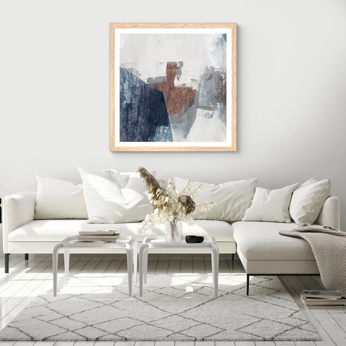 Póster en marco roble claro - Formas azules y marrones - 30x30 cm