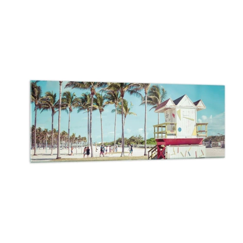 Cuadro sobre vidrio - Impresiones sobre Vidrio - Una playa con palmeras y una torre de salvavidas al fondo. - 140x50cm - Un hermoso día por delante - Decoración de pared moderna para salón y dormitorio ARTTOR