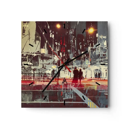 Reloj de pared - Reloj de vidrio - Ciudad de noche con luces de neón y siluetas de personas en la calle. - 30x30cm - Una travesía metropolitana - Decoración de pared moderna para salón y dormitorio ARTTOR