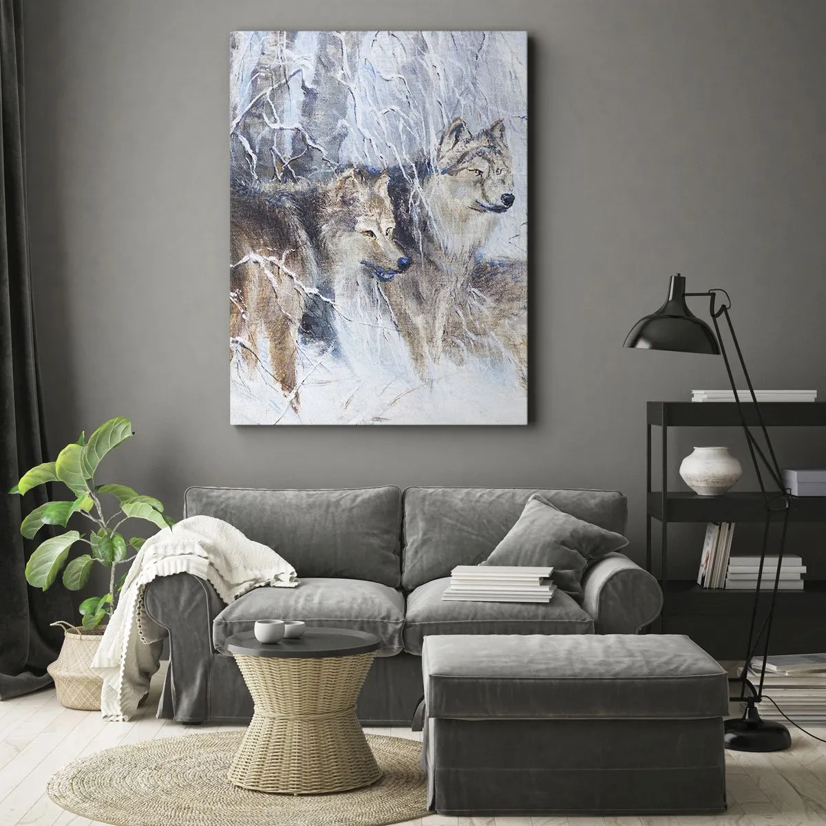 Cuadro sobre lienzo - Impresión de Imagen - Lobos en un bosque invernal con un fondo nevado - 50x70cm - ¡Cuidado! Aquí viene... - Decoración de pared moderna para salón y dormitorio ARTTOR
