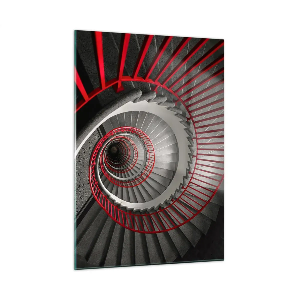 Cuadro sobre vidrio - Impresiones sobre Vidrio - Escalera de caracol con pasamanos rojos en perspectiva - 50x70cm - Juegos arquitectónicos - Decoración de pared moderna para salón y dormitorio ARTTOR