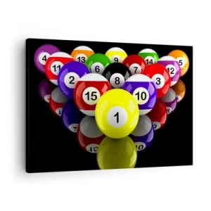 Cuadro sobre lienzo - Impresión de Imagen - Bolas de billar de colores dispuestas en un triángulo sobre un fondo negro - 70x50cm - Diferentes colores del juego - Decoración de pared moderna para salón y dormitorio ARTTOR