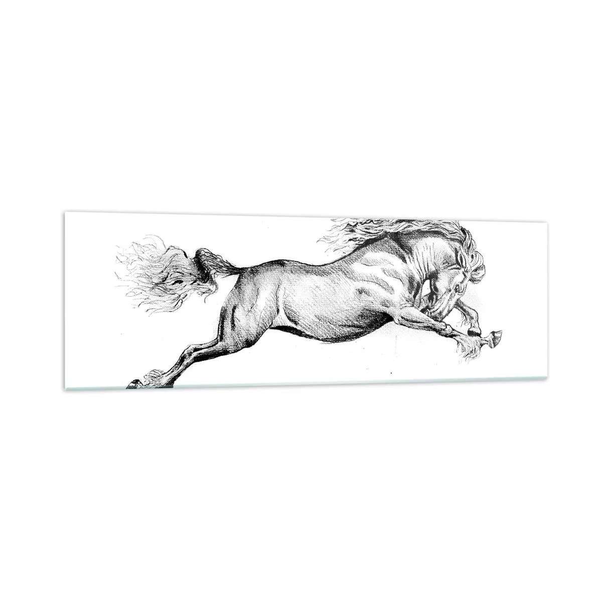Cuadro sobre vidrio - Impresiones sobre Vidrio - Boceto de un caballo al galope dinámico sobre un fondo blanco. - 160x50cm - Captura al galope - Decoración de pared moderna para salón y dormitorio ARTTOR