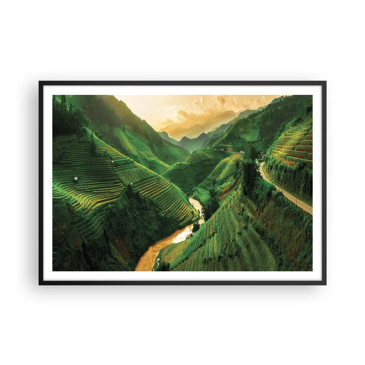 Póster en marco negro - Pintorescas terrazas de arroz en un valle verde iluminado por el sol poniente - 100x70cm - Valle vietnamita - Decoración de pared moderna para salón y dormitorio ARTTOR