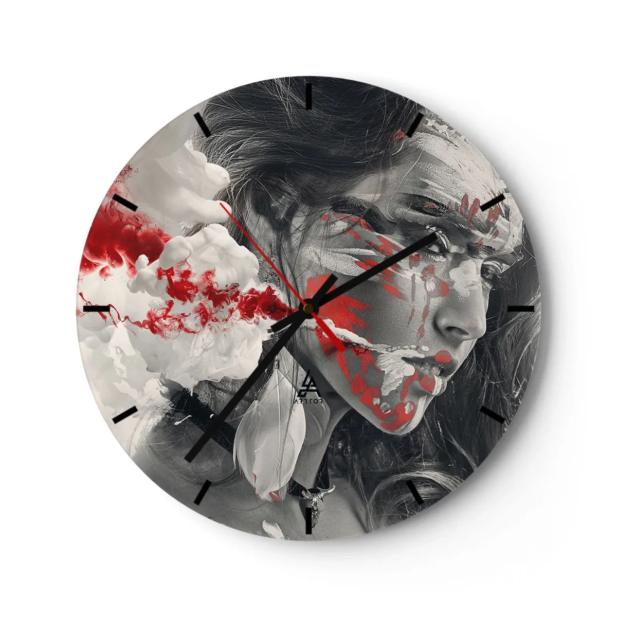 Reloj de pared - Reloj de vidrio - Un rostro de mujer con acentos abstractos en rojo y blanco. - 30x30cm - En los humos del absurdo - Decoración de pared moderna para salón, cocina y dormitorio ARTTOR