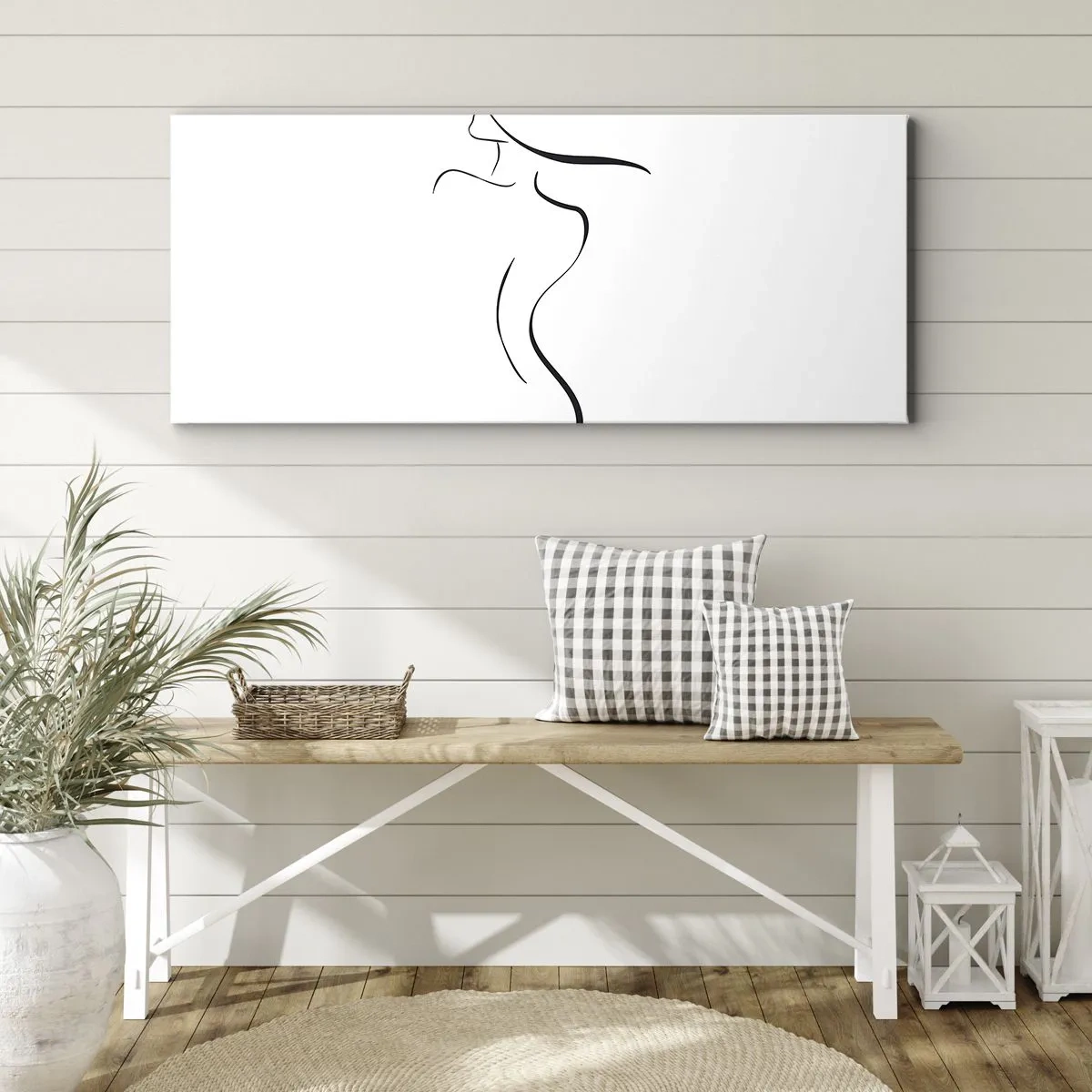 Cuadro sobre lienzo - Impresión de Imagen - Contorno minimalista de una silueta femenina sobre un fondo blanco. - 140x50cm - Escurridiza como una ola - Decoración de pared moderna para salón y dormitorio ARTTOR