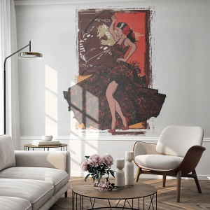 Fotomural Premium Sand - Una bailarina de flamenco con un vestido ornamentado sobre un fondo artístico. - 100x70cm - El ritmo del corazón - Decoración de pared moderna para salón y dormitorio ARTTOR
