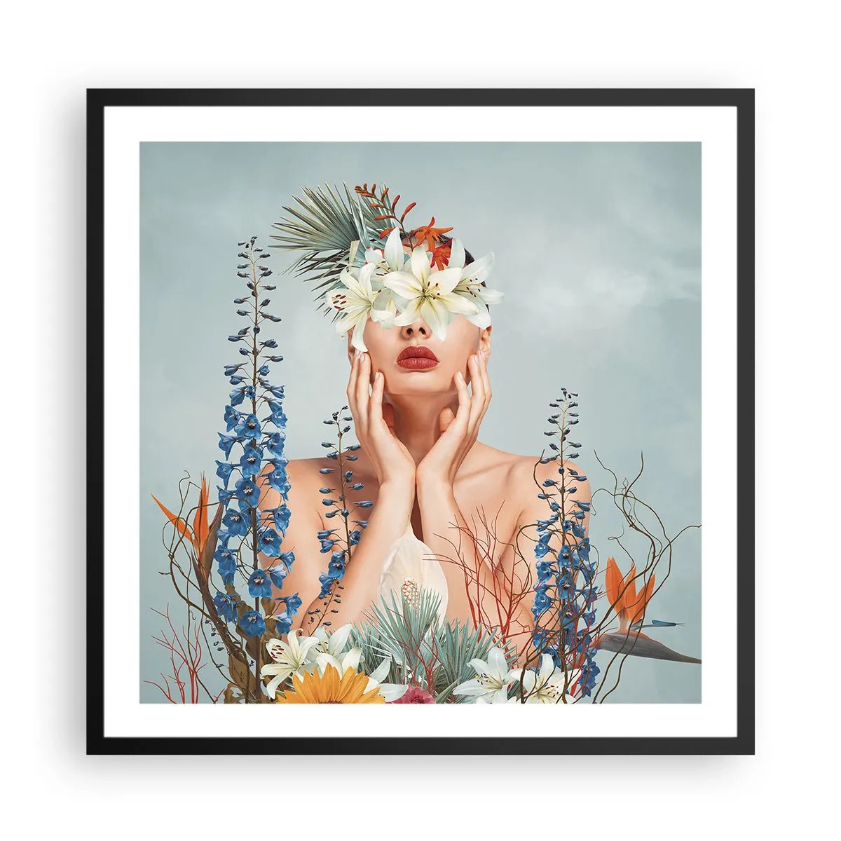 Póster en marco negro - Mujer-flor - 60x60 cm