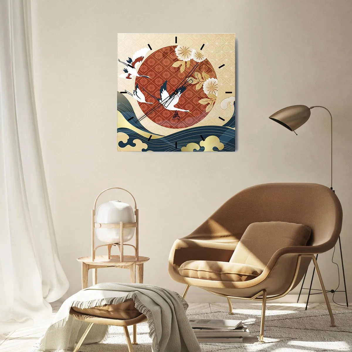 Reloj de pared - Reloj de vidrio - Composición japonesa con grullas y olas. - 30x30cm - Un cuento de hadas japonés - Decoración de pared moderna para salón y dormitorio ARTTOR