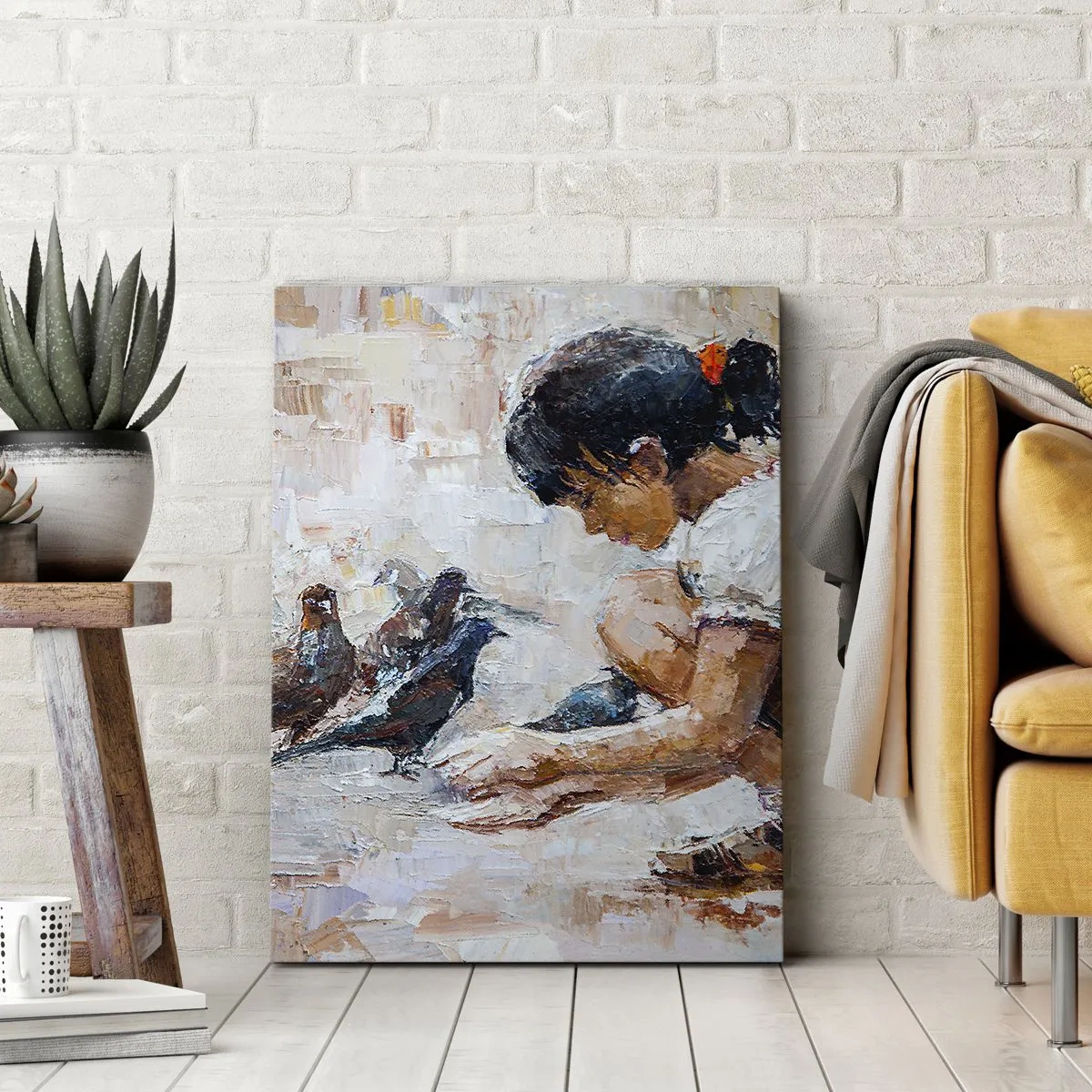 Cuadro sobre lienzo - Impresión de Imagen - Una niña alimentando pájaros en un estilo pictórico. - 50x70cm - Pequeños y dulces - Decoración de pared moderna para salón y dormitorio ARTTOR