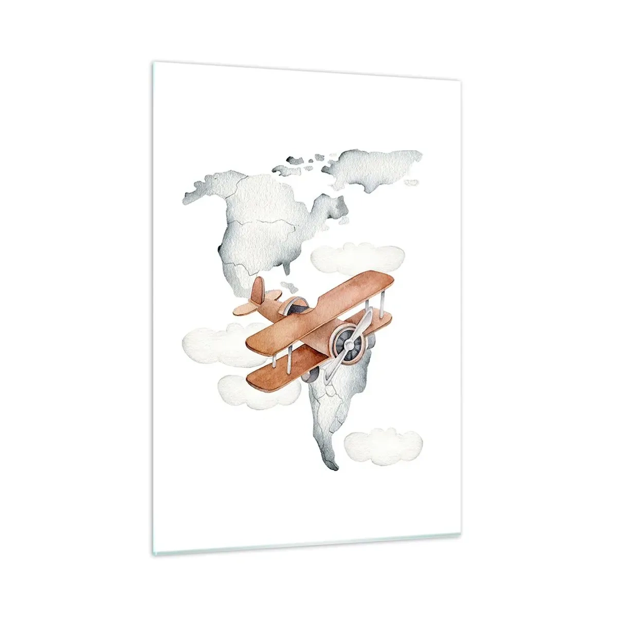 Cuadro sobre vidrio - Impresiones sobre Vidrio - Mapa del mundo de aviones retro para niños - 50x70cm - Con espíritu pionero - Decoración de pared moderna para salón y dormitorio ARTTOR