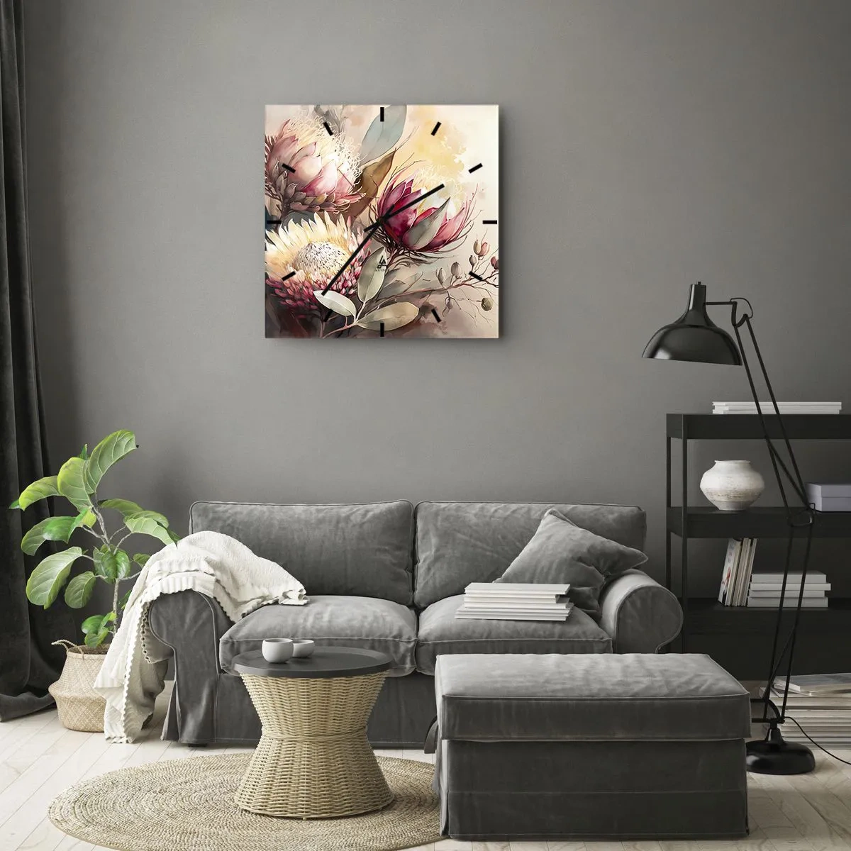 Reloj de pared - Reloj de vidrio - Flores de protea en delicados tonos pastel. - 30x30cm - De perfil y de frente - Decoración de pared moderna para salón y dormitorio ARTTOR