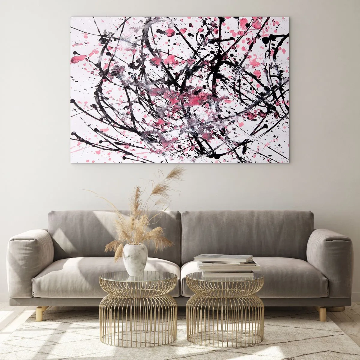 Cuadro sobre vidrio - Impresiones sobre Vidrio - Líneas abstractas dinámicas y manchas rosas sobre un fondo blanco - 100x70cm - La fugacidad de la vida - Decoración de pared moderna para salón y dormitorio ARTTOR
