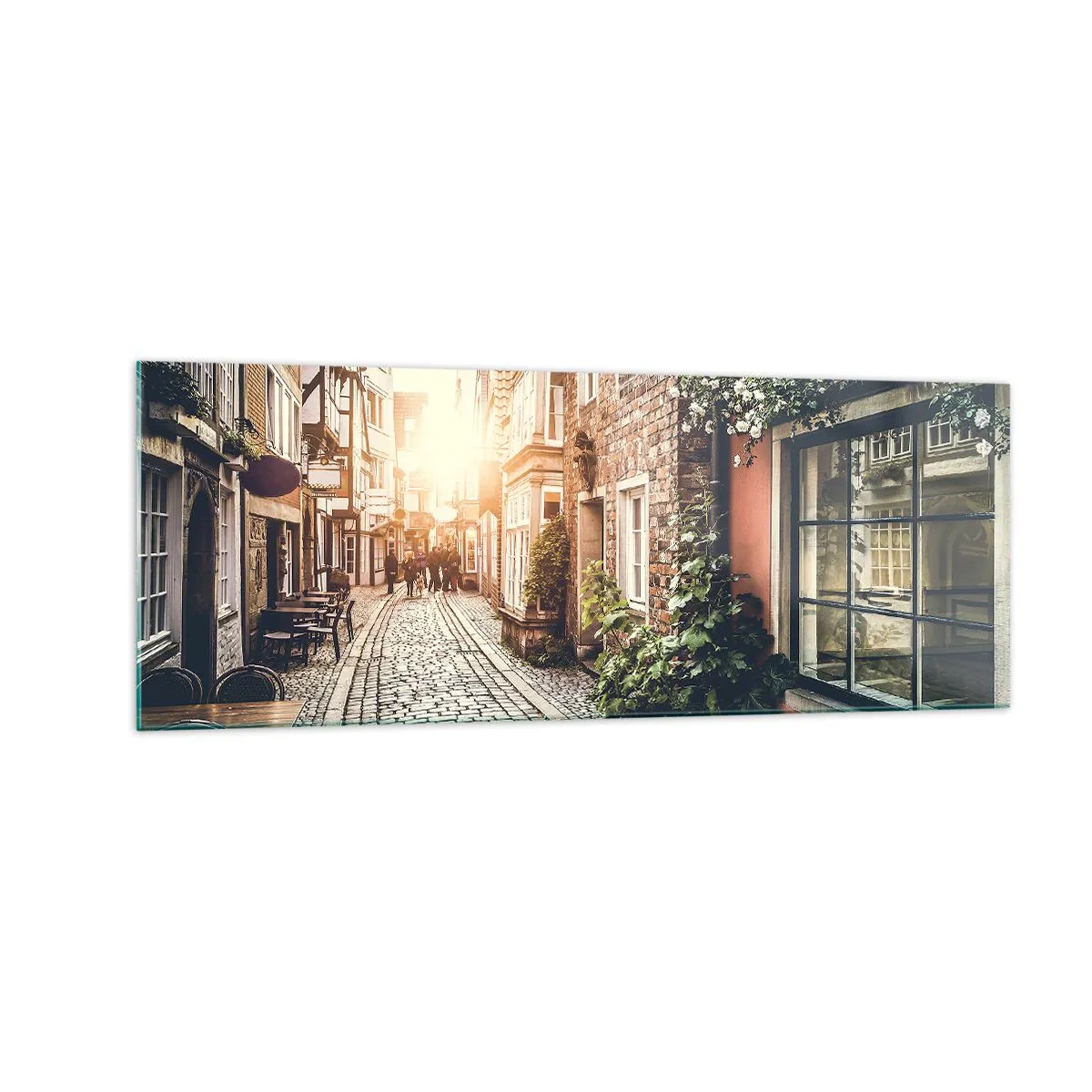 Cuadro sobre vidrio - Impresiones sobre Vidrio - Una encantadora calle con pavimento de piedra y flores. - 140x50cm - El callejón de las rosas - Decoración de pared moderna para salón y dormitorio ARTTOR
