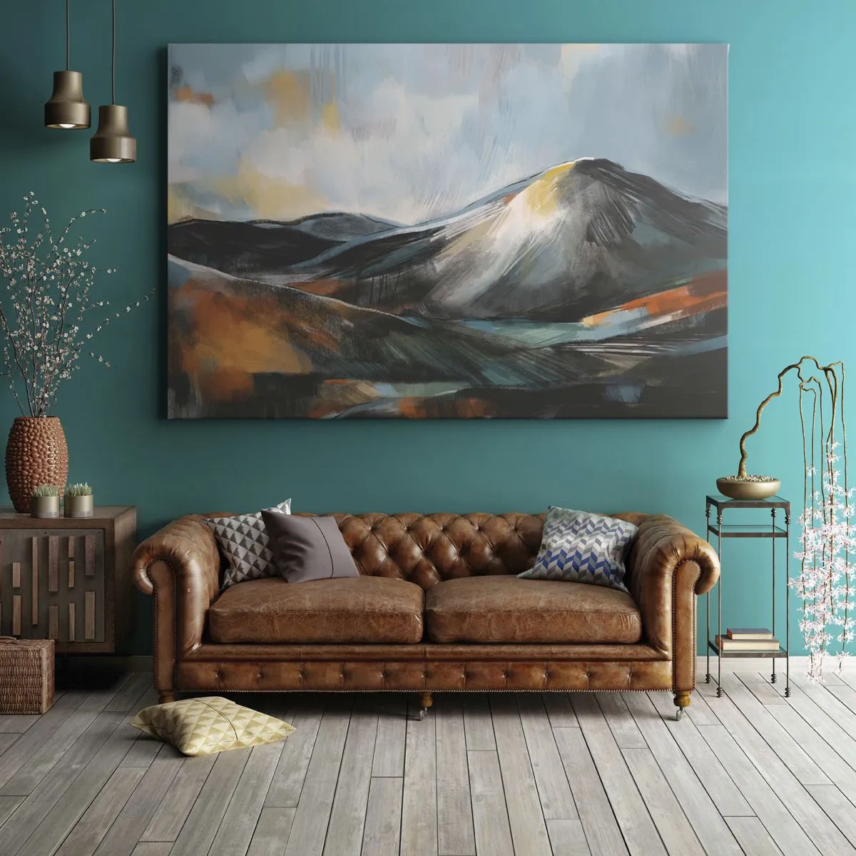 Cuadro sobre lienzo - Impresión de Imagen - Paisaje montañoso abstracto en tonos cálidos - 120x80cm - Crudo y bello - Decoración de pared moderna para salón y dormitorio ARTTOR