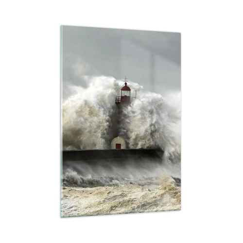 Cuadro sobre vidrio - Impresiones sobre Vidrio - Un faro rodeado de poderosas olas - 50x70cm - La furia del océano - Decoración de pared moderna para salón y dormitorio ARTTOR
